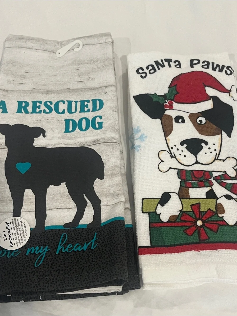 A Rescued Dog stole my heart & Santa paws Kitchen Towel set 4x  NWT